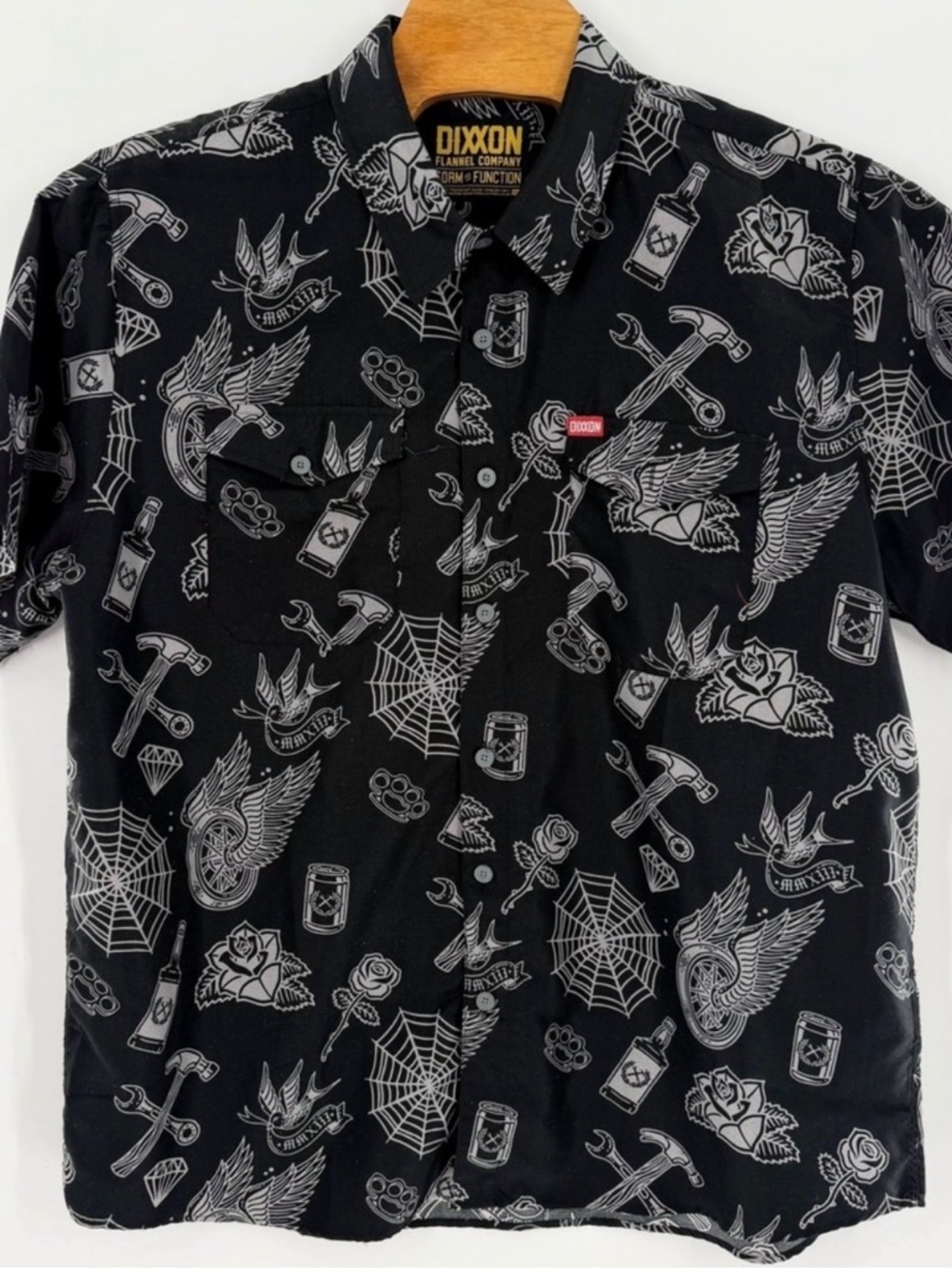 DIXXON Black Short-Sleeve Button-Up Shirt with White Tattoo Graphics